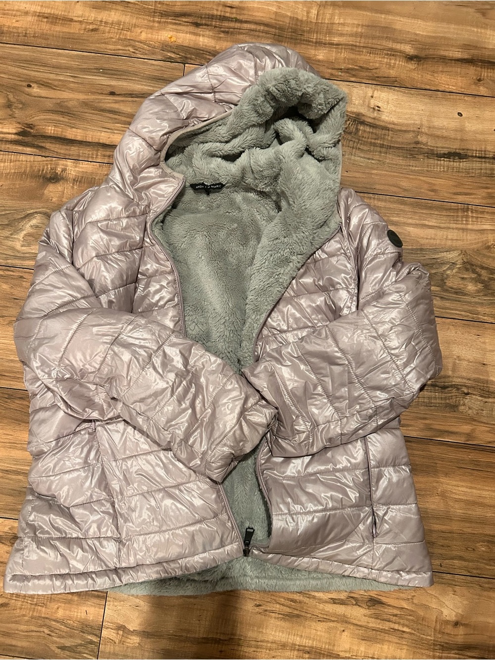 Andrew Marc Quilted Hooded Puffer Jacket in Light Mauve with Plush Lining